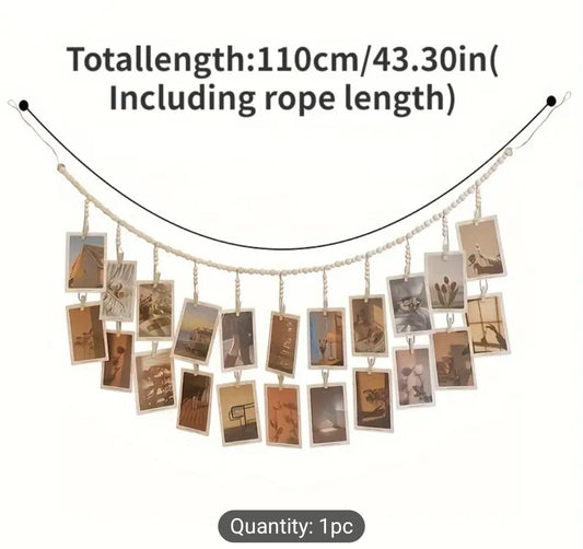 Boho Minimalist Chic Hanging Photo Frame with 18 Clips & Wooden Beads