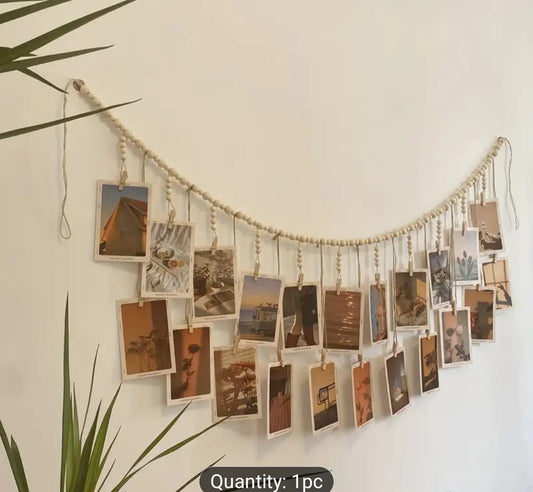 Boho Minimalist Chic Hanging Photo Frame with 18 Clips & Wooden Beads