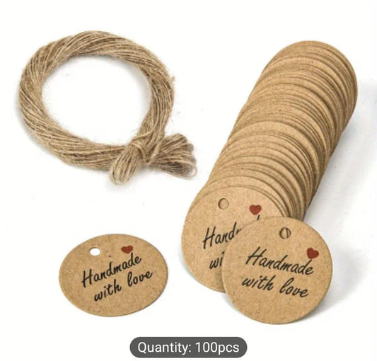 100pc Craft Paper Hang Tags with "Hand Made with Love" Print & 20m Twine