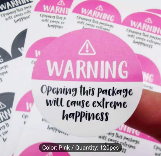 120pc Black &  Pink โWarning: Opening This Package Will Cause Extreme Happinessโ Stickers